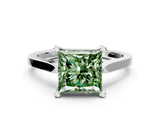 Platinum Fancy Green Princess  Solitaire Diamond Ring with Four-Prong Setting and Tapered Band
