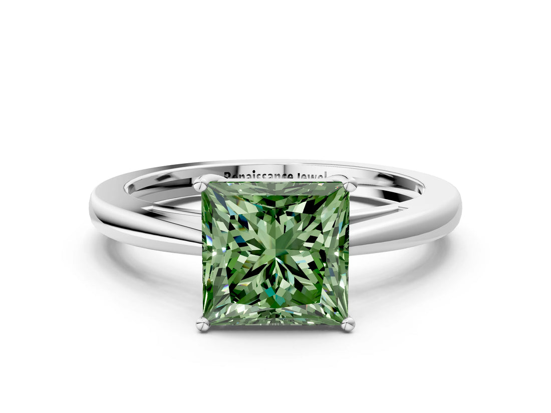 Platinum Fancy Green Princess  Solitaire Diamond Ring with Split Shank and Four-Prong Setting_12