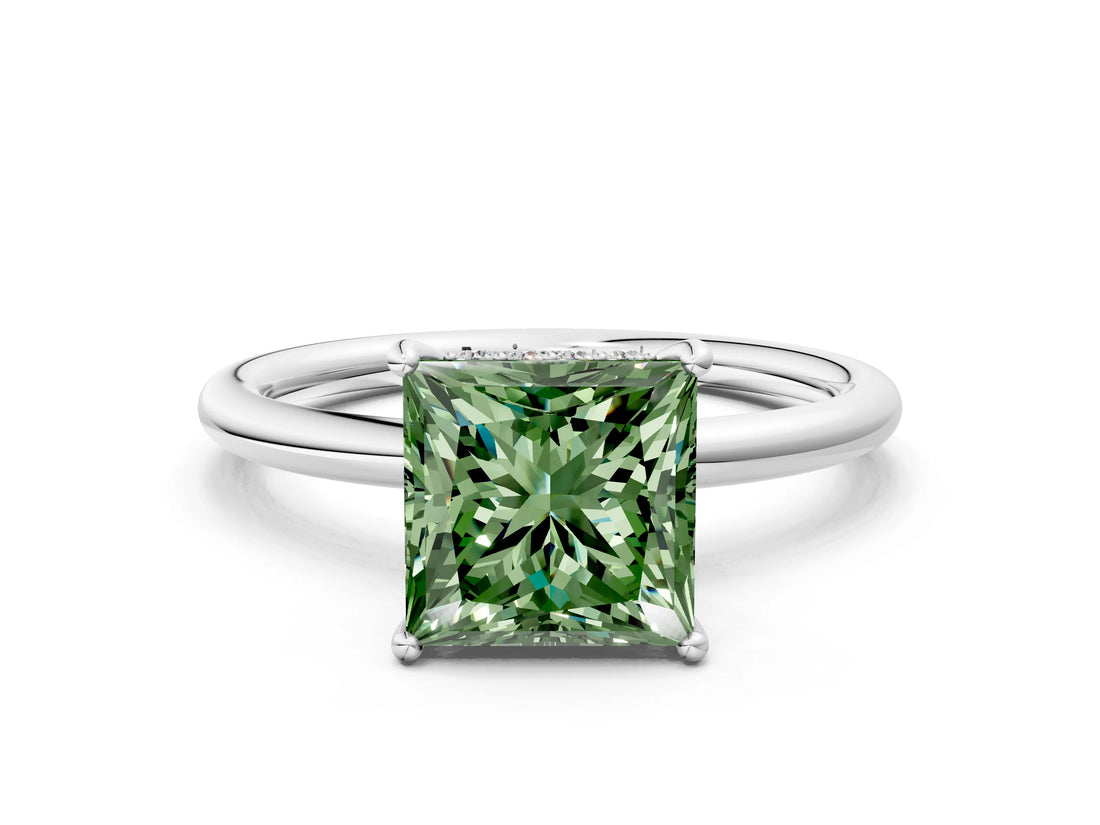 Platinum Fancy Green Princess  Solitaire Diamond Ring with a Classic Band and Four-Prong Setting 1