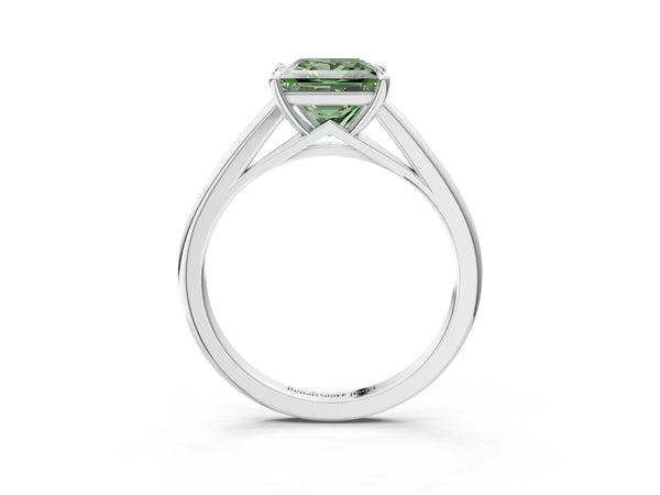 Platinum Fancy Green Princess  Solitaire Engagement Ring with Four-Prong Setting and Classic Band