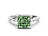 Platinum Fancy Green Princess  Solitaire Engagement Ring with Four-Prong Setting and Classic Band