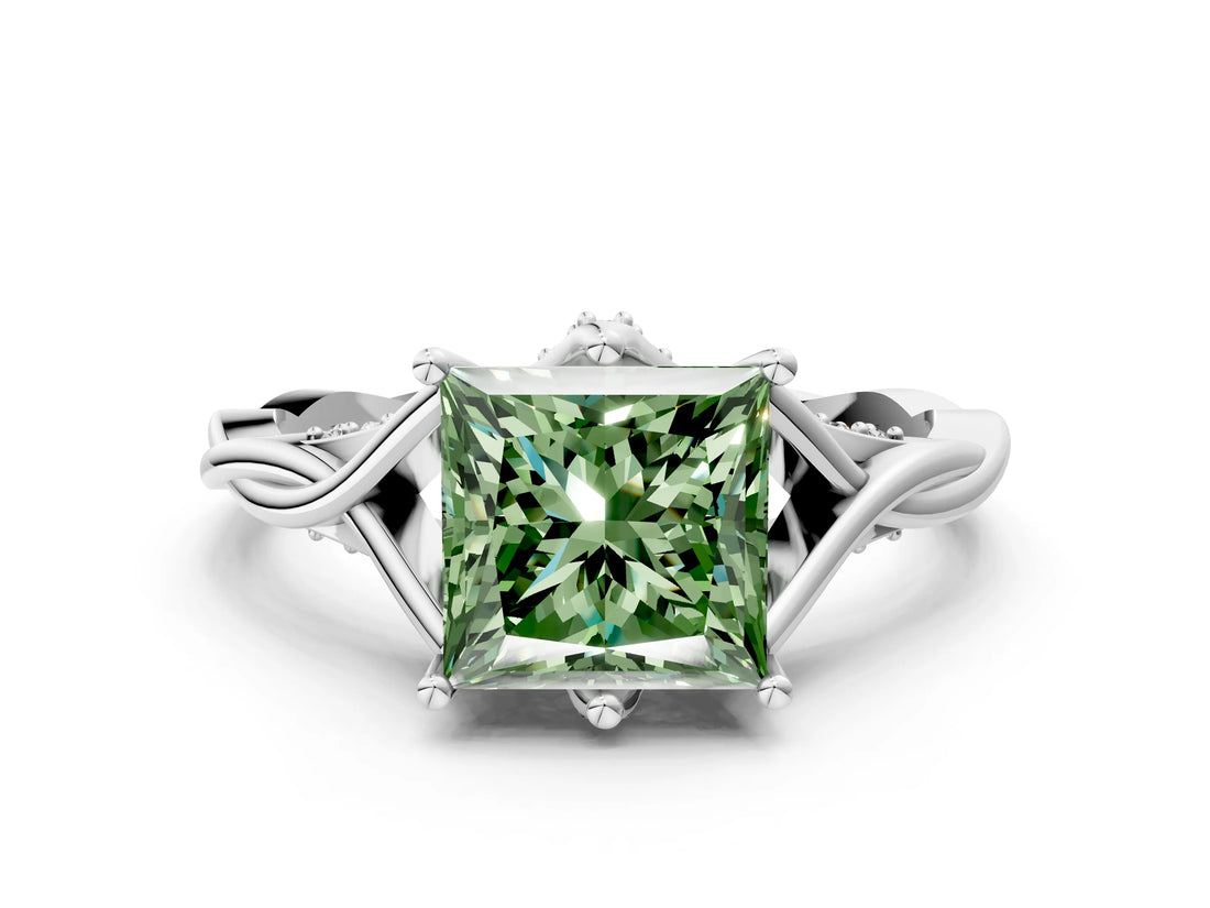 Platinum Fancy Green Princess  Solitaire Twist Band Six-Prong Setting 1