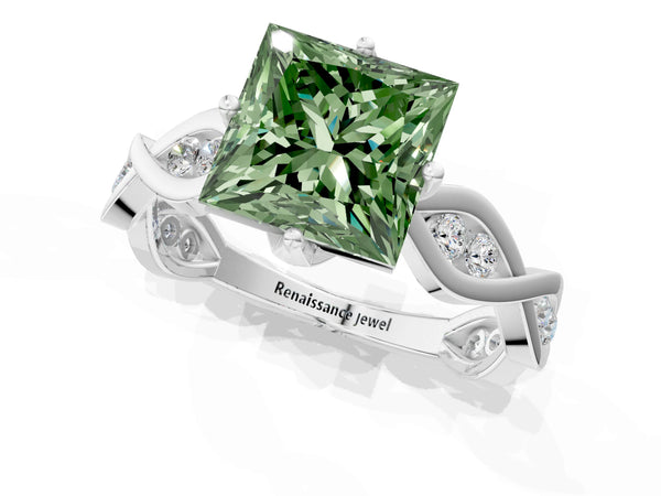 Platinum Princess Cut Accented Twist Engagement Ring Setting for Fancy Green Center
