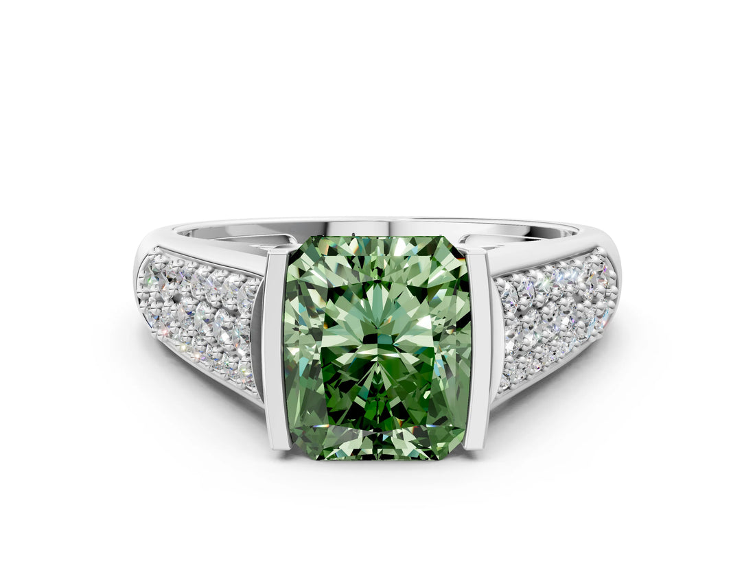 Platinum Fancy Green Radiant Cut Cut Diamond Channel Set Pave Band with Tension Prong Setting_6