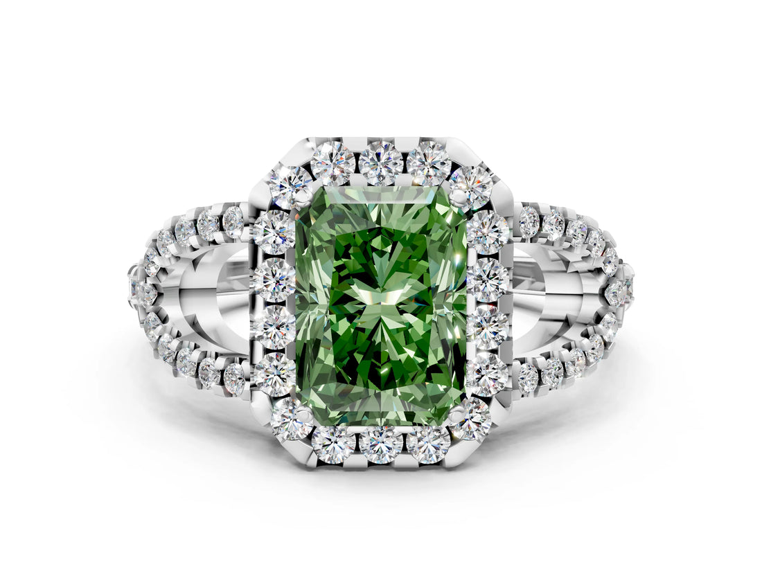Platinum Fancy Green Radiant Cut Cut Diamond Halo Engagement Ring with Open Split Pavé Band_6