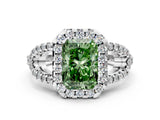 Platinum Fancy Green Radiant Cut Cut Diamond Halo Engagement Ring with Open Split Pavé Band_6
