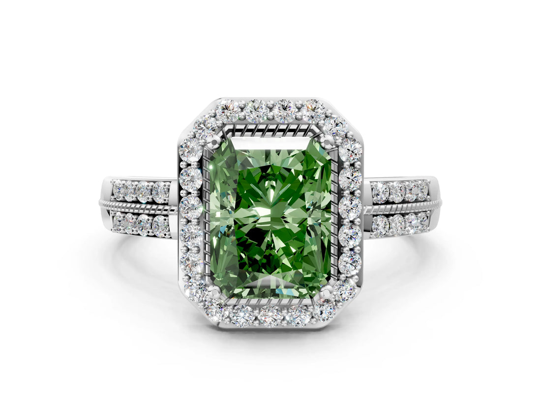 Platinum Fancy Green Radiant Cut Diamond Double Halo Ring with Split Shank and Four-Prong Setting_12