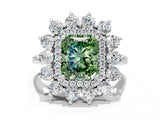 Platinum Fancy Green Radiant Cut Diamond Floral Double Halo Engagement Ring with Prong Setting_186