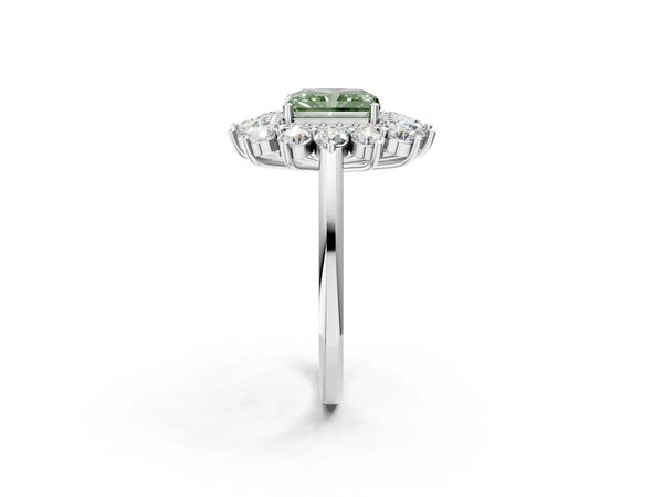Platinum Radiant Cut Floral Double Halo Engagement Ring Setting for Fancy Green Center