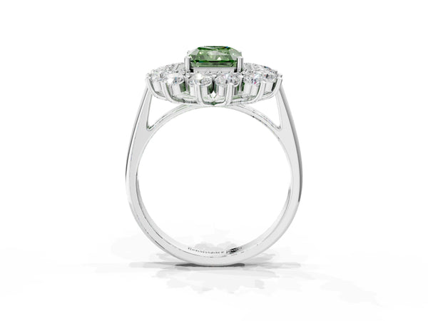 Platinum Radiant Cut Floral Double Halo Engagement Ring Setting for Fancy Green Center