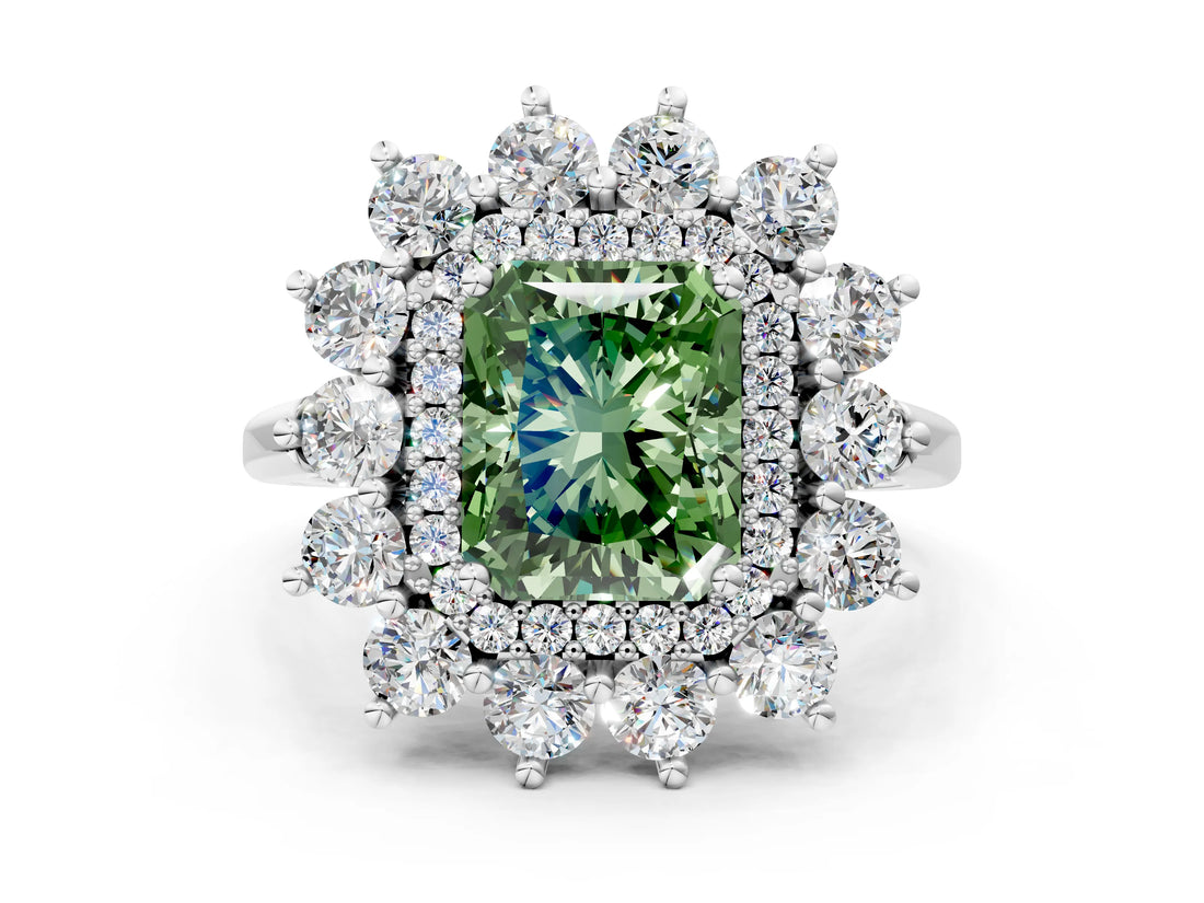 Platinum Fancy Green Radiant Cut Diamond Floral Double Halo Engagement Ring with Prong Setting_42