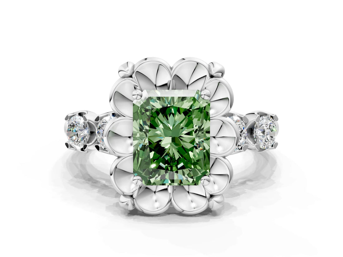 Platinum Fancy Green Radiant  Cut Diamond Floral Halo Engagement Ring with Shared Prong Setting 1