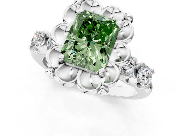 Platinum Fancy Green Radiant  Cut Diamond Floral Halo Engagement Ring with Shared Prong Setting
