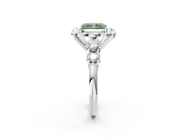 Platinum Fancy Green Radiant  Cut Diamond Floral Halo Engagement Ring with Shared Prong Setting