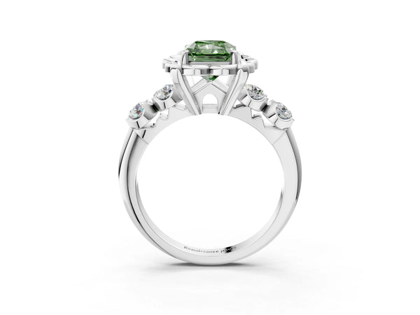 Platinum Fancy Green Radiant  Cut Diamond Floral Halo Engagement Ring with Shared Prong Setting