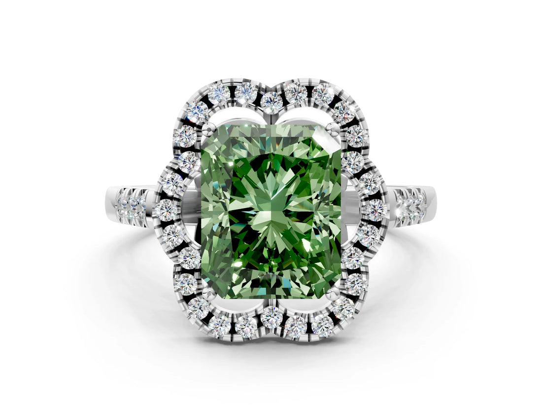 Platinum Fancy Green Radiant Cut Diamond Floral Halo Split Shank Prong Setting Ring_6