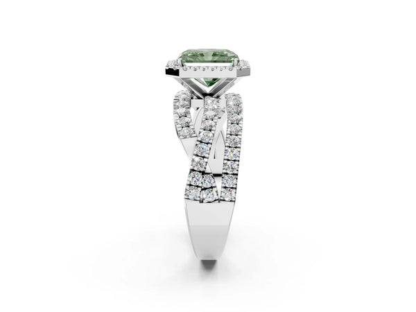 Platinum Radiant Cut Halo Twist Engagement Ring Setting for Fancy Green Center