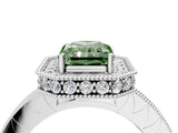 Platinum Fancy Green Radiant Cut Diamond Milgrain Halo Engagement Ring with Round Pavé Band and Prong Setting_16