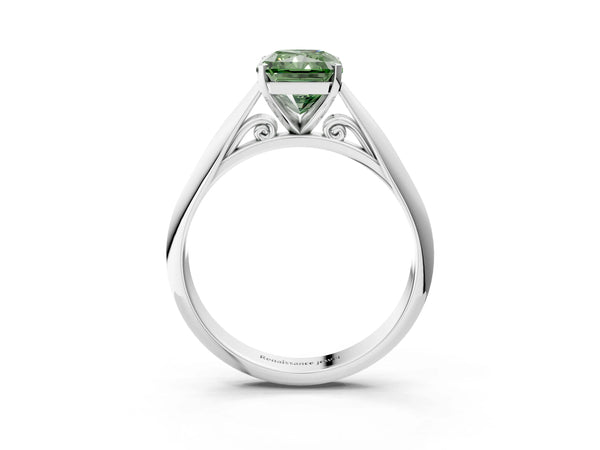 Platinum Fancy Green Radiant Cut Diamond Solitaire Engagement Ring with Cathedral Setting and Four-Prong Mount