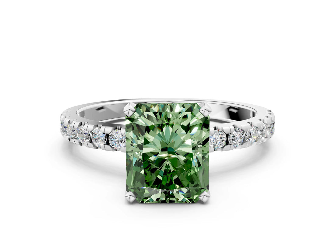 Platinum Fancy Green Radiant Cut Diamond Solitaire Ring with Round  Pavé Band and Four-Prong Setting_36