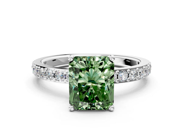 Platinum Fancy Green Radiant  Cut Diamond Solitaire with Pave Band and Four-Prong Setting