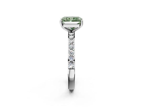 Platinum Fancy Green Radiant  Cut Diamond Solitaire with Pave Band and Four-Prong Setting