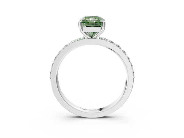 Platinum Fancy Green Radiant  Cut Diamond Solitaire with Pave Band and Four-Prong Setting