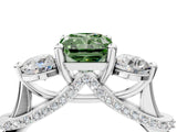Platinum Fancy Green Radiant Cut Diamond Three-Stone Ring with Prong Setting and Pavé Band_10