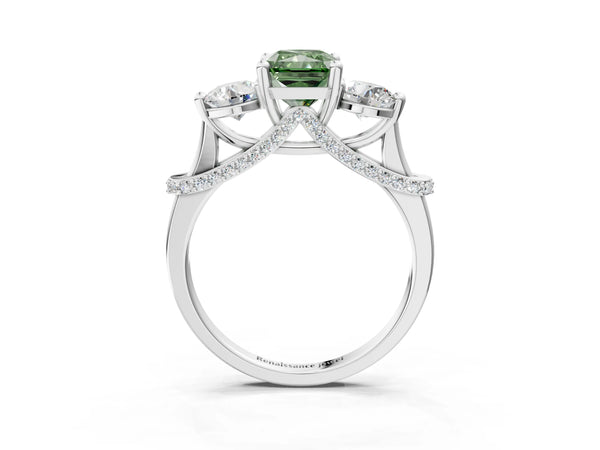 Platinum Radiant Cut Curved Pave Three Stone Engagement Ring Setting for Fancy Green Center