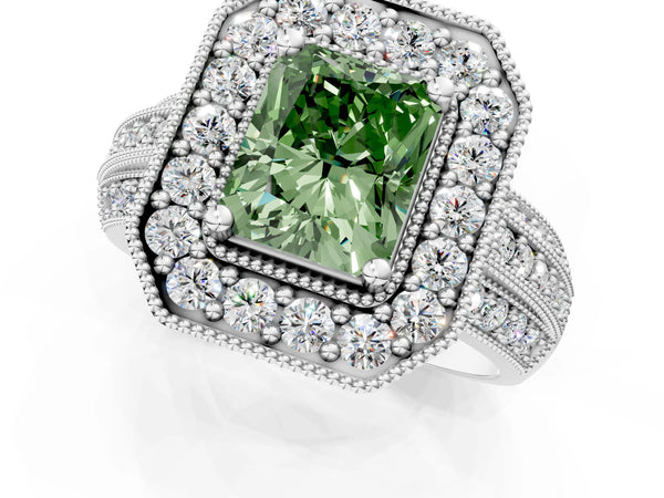 Platinum Fancy Green Radiant Cut Halo Diamond Engagement Ring with Pave Split Shank and Four-Prong Setting