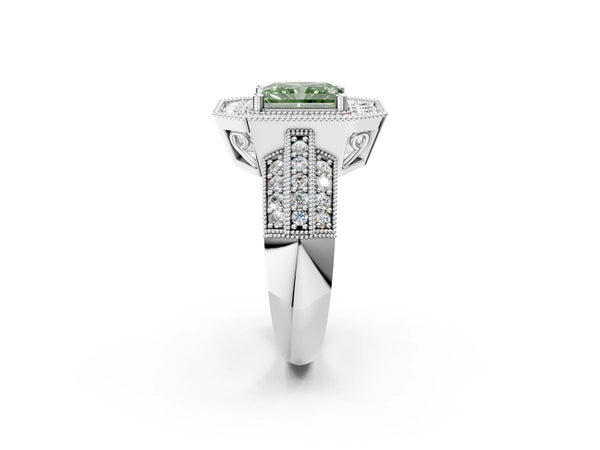 Platinum Fancy Green Radiant Cut Halo Diamond Engagement Ring with Pave Split Shank and Four-Prong Setting