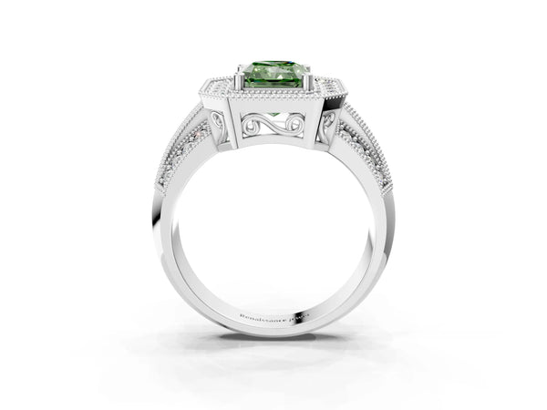 Platinum Fancy Green Radiant Cut Halo Diamond Engagement Ring with Pave Split Shank and Four-Prong Setting