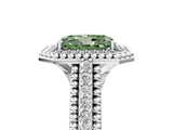 Platinum Fancy Green Radiant Cut Halo Diamond Ring with Beaded Split Shank and Four-Prong Setting_11