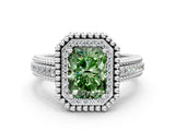 Platinum Fancy Green Radiant Cut Halo Diamond Ring with Beaded Split Shank and Four-Prong Setting_6
