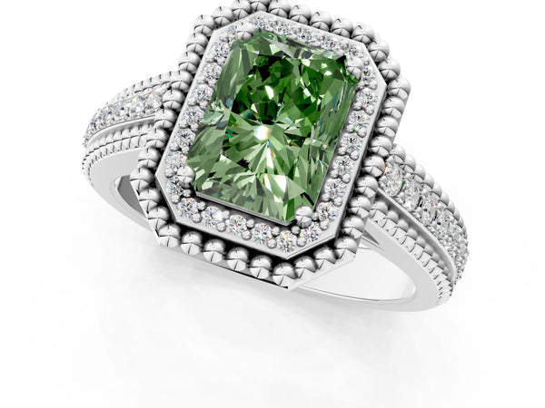 Platinum Radiant Cut Beaded Halo Engagement Ring Setting for Fancy Green Center with Pave