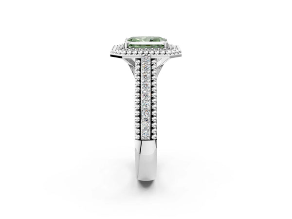 Platinum Radiant Cut Beaded Halo Engagement Ring Setting for Fancy Green Center with Pave