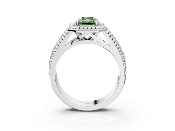 Platinum Radiant Cut Beaded Halo Engagement Ring Setting for Fancy Green Center with Pave