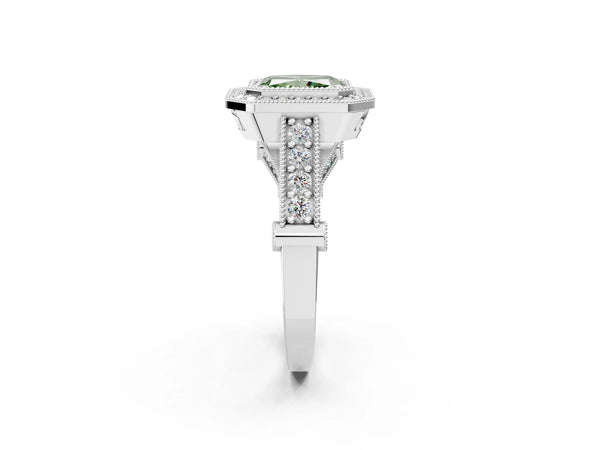 Platinum Radiant Cut Vintage Bezel Halo Engagement Ring Setting for Fancy Green Center