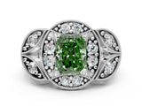 Platinum Fancy Green Radiant Cut Halo Milgrain Diamond Engagement Ring with Leaf Band and Four-Prong Setting_12