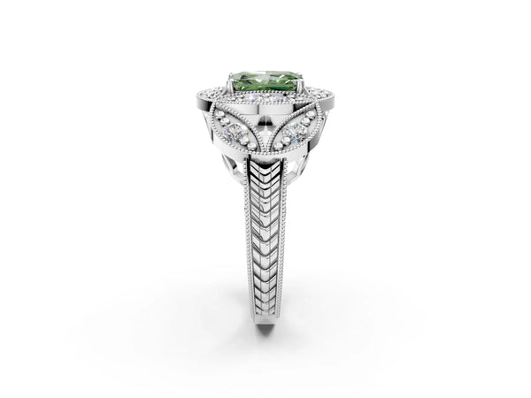 Platinum Fancy Green Radiant Cut Halo Milgrain Diamond Engagement Ring with Leaf Band and Four-Prong Setting