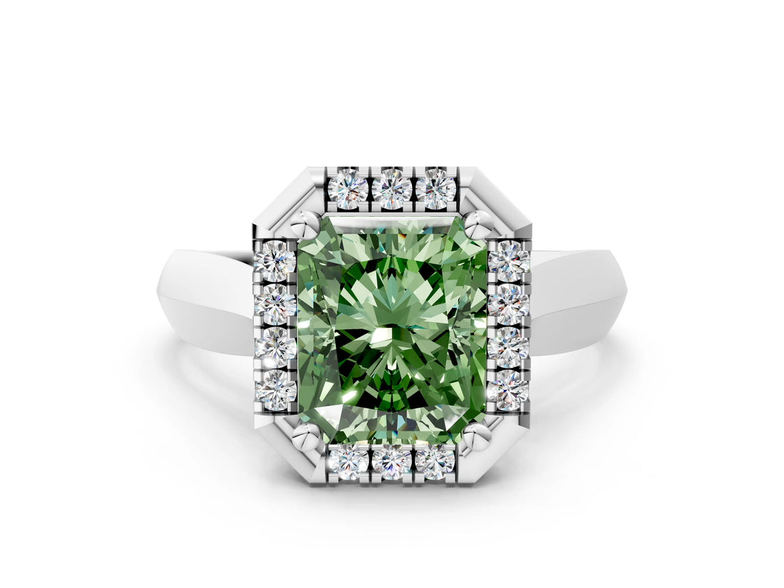 Platinum Fancy Green Radiant  Cut Halo Solitaire Engagement Ring with Square Band and Four-Prong Setting_12