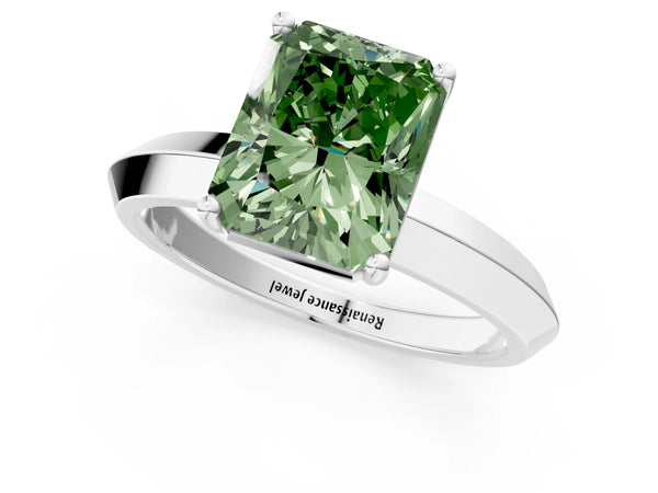 Platinum Fancy Green Radiant  Cut Solitaire Engagement Ring with Flat Band and Four-Prong Setting