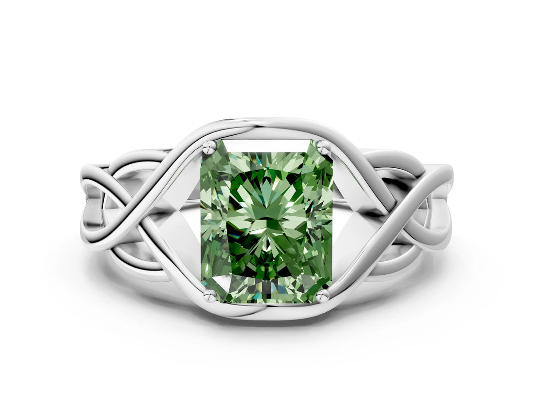 Platinum Fancy Green Radiant Cut Solitaire Intertwined Band Prong Setting Ring_6
