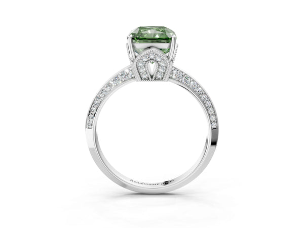 Platinum Radiant Cut Graduated Pave Engagement Ring Setting for Fancy Green Center