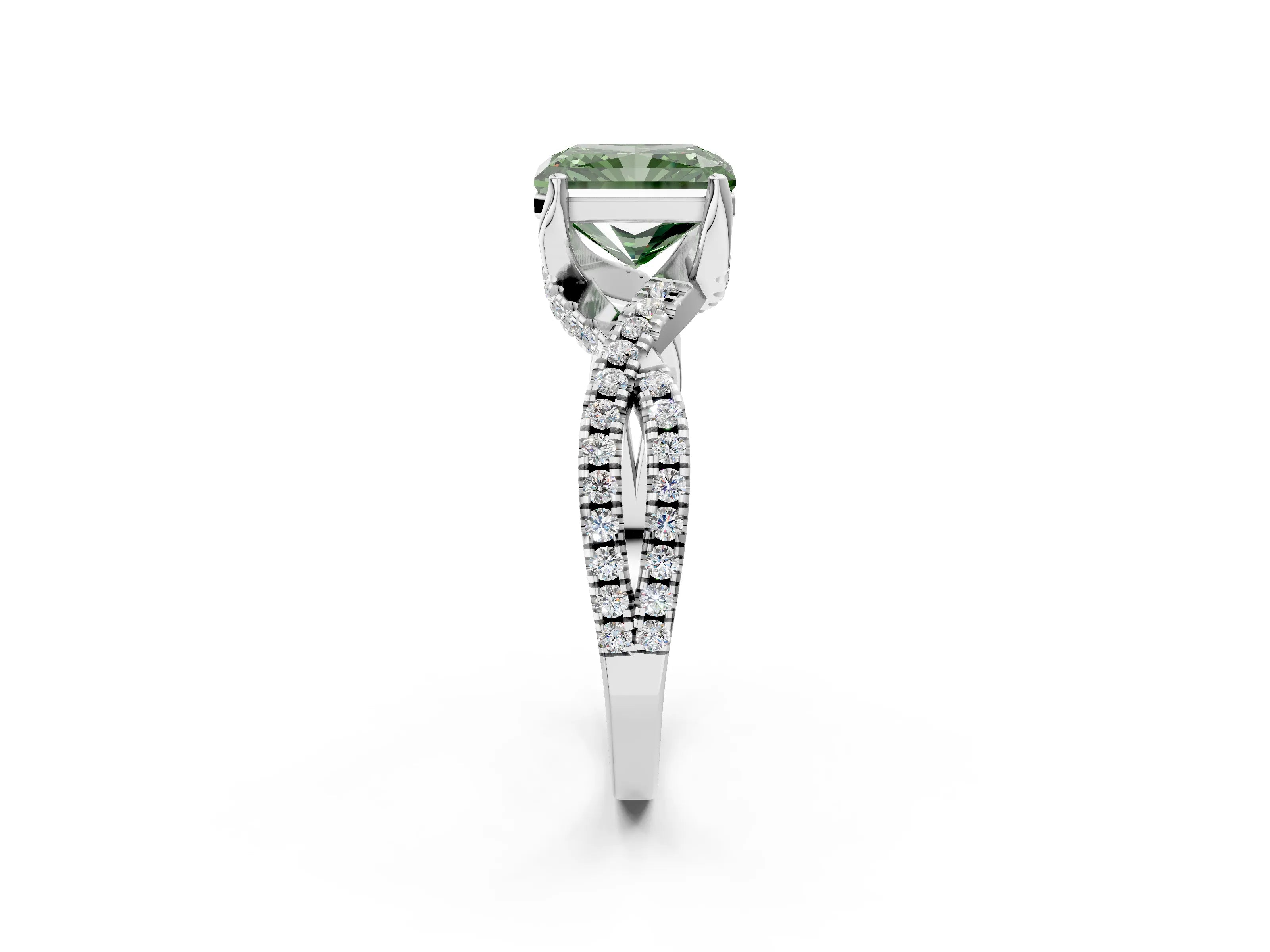 Platinum Fancy Green Radiant Cut Solitaire Twist Pave Diamond Engagement Ring with Prong Setting_44