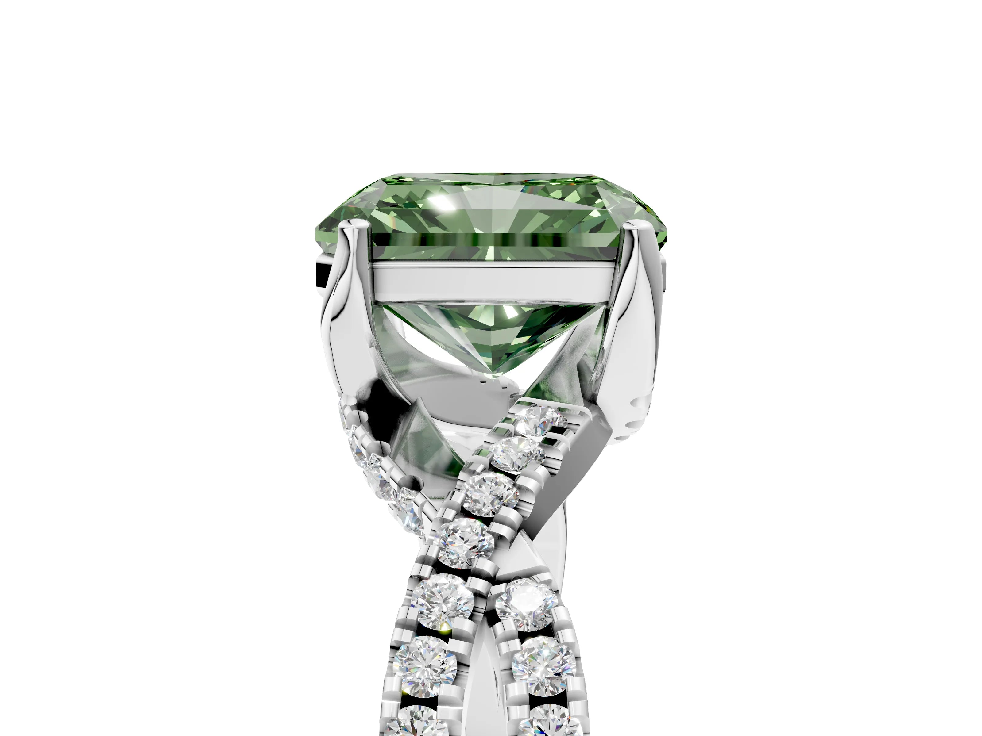 Platinum Fancy Green Radiant Cut Solitaire Twist Pave Diamond Engagement Ring with Prong Setting_47