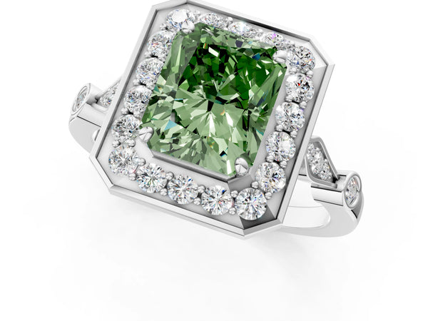 Platinum Radiant Cut Bezel Station Halo Engagement Ring Setting for Fancy Green Center