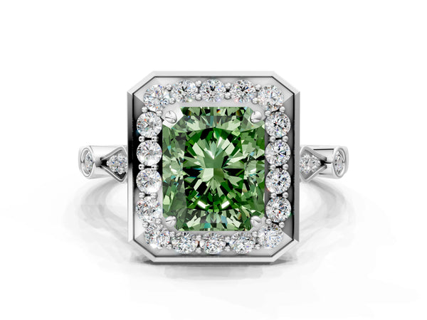 Platinum Radiant Cut Bezel Station Halo Engagement Ring Setting for Fancy Green Center