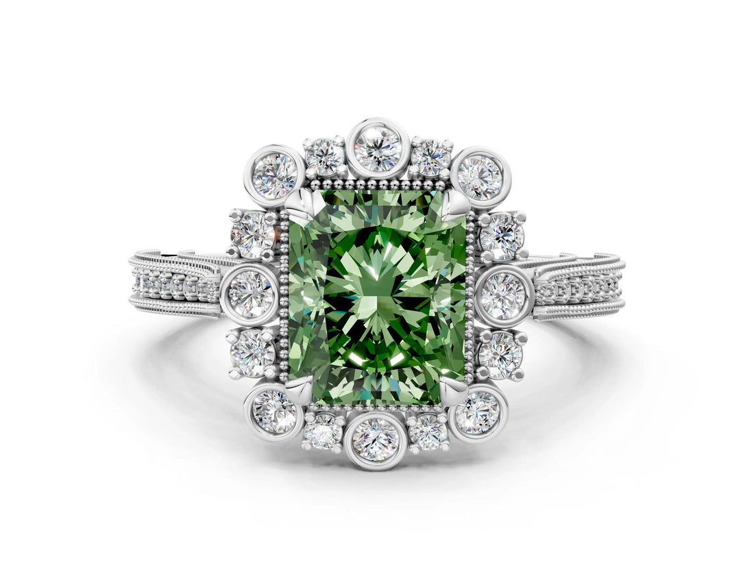Platinum Fancy Green Radiant  Halo Milgrain Pave Diamond Ring with Four-Prong Setting 1