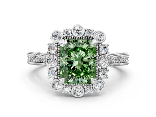 Platinum Fancy Green Radiant  Halo Milgrain Pave Diamond Ring with Four-Prong Setting